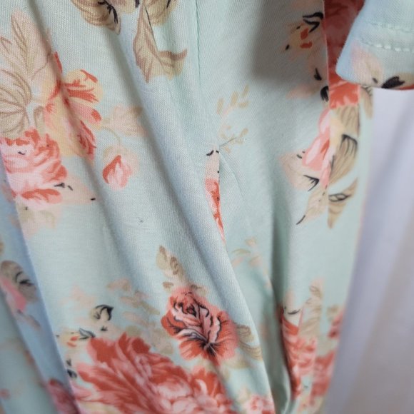 Promesa Light Blue Pink Floral Roses Midi Dress Bell Ruffle Sleeves Pockets - Picture 5 of 7